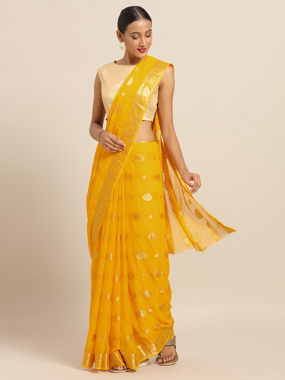 

Saree mall Yellow & Gold-Toned Poly Chiffon Woven Design Saree
