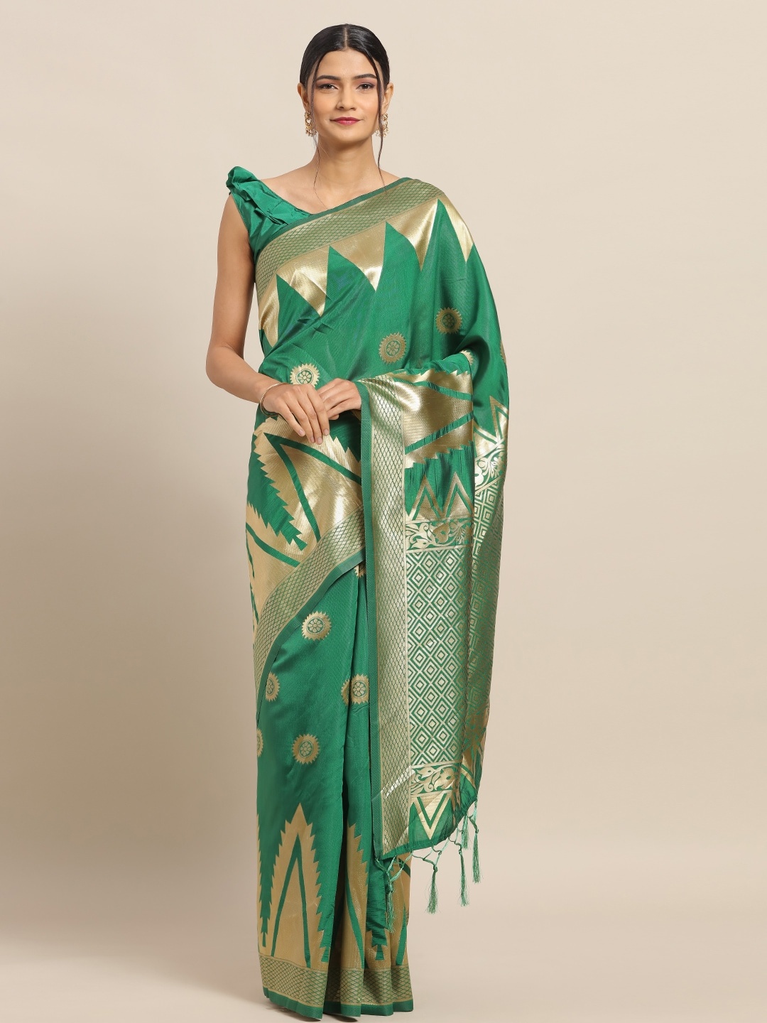 

Saree mall Green & Gold-Toned Silk Blend Printed Banarasi Saree