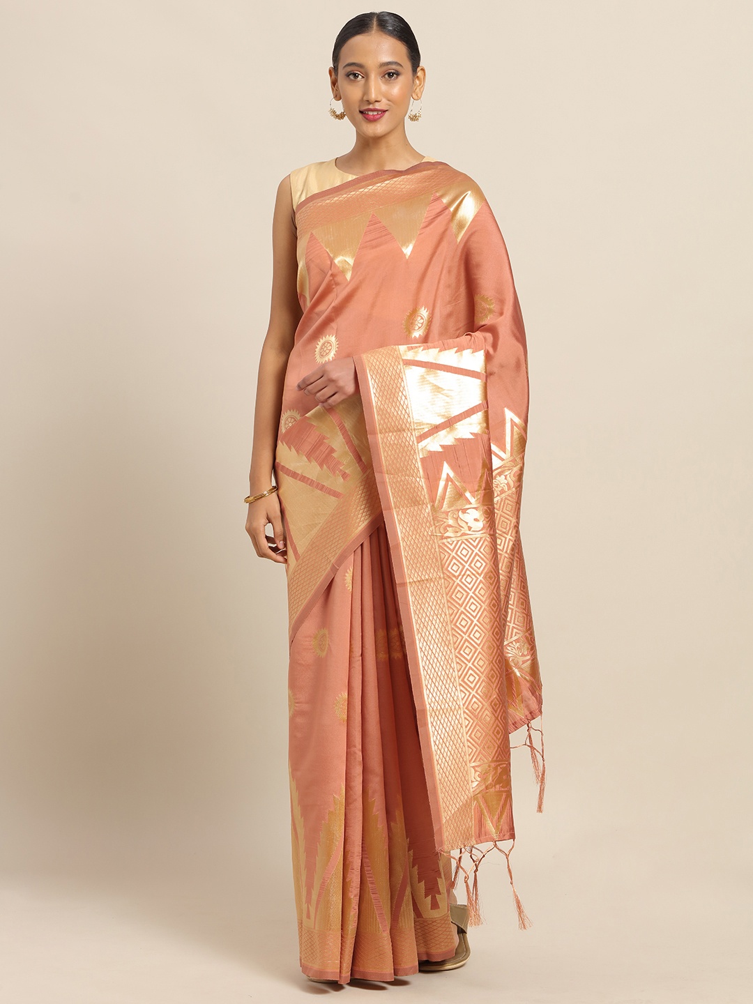 

Saree mall Peach-Coloured & Gold-Toned Silk Blend Printed Banarasi Saree