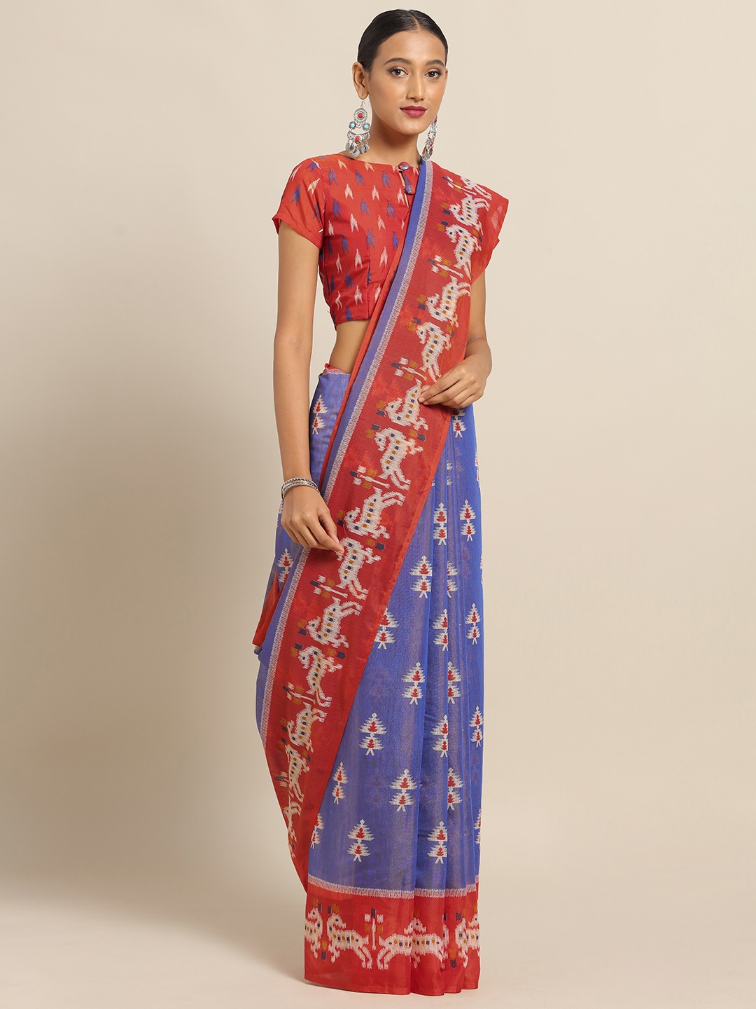 

Saree mall Blue & Rust Orange Cotton Blend Printed Ikat Saree