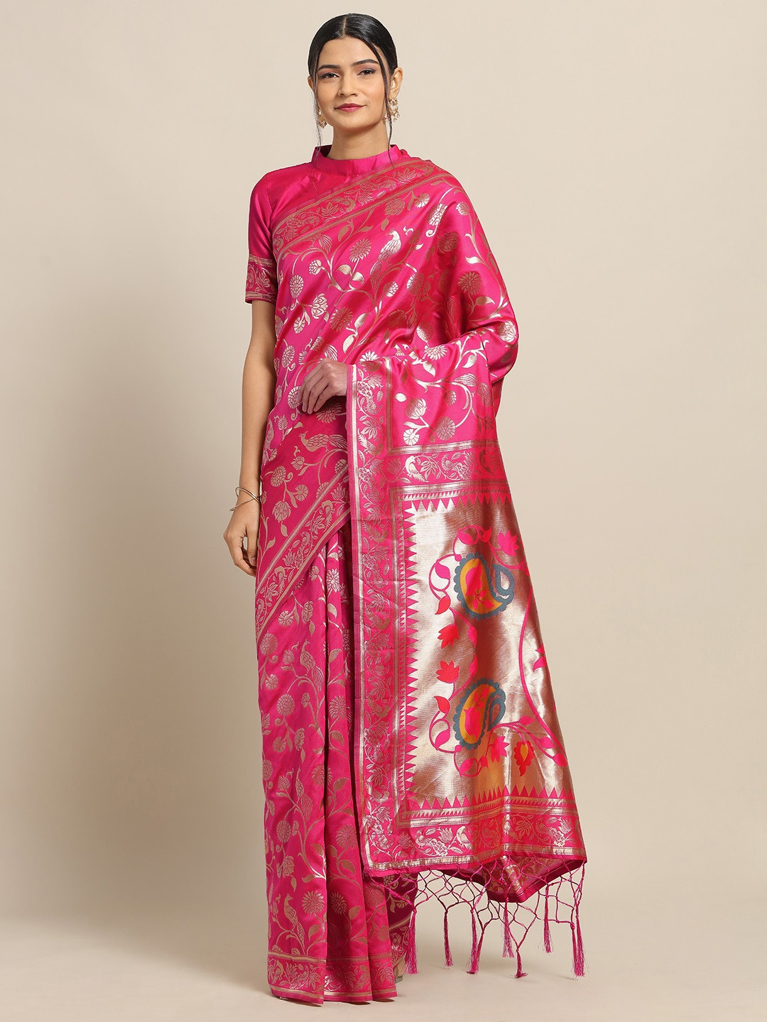 

Saree mall Pink & Gold-Toned Silk Blend Woven Design Banarasi Saree