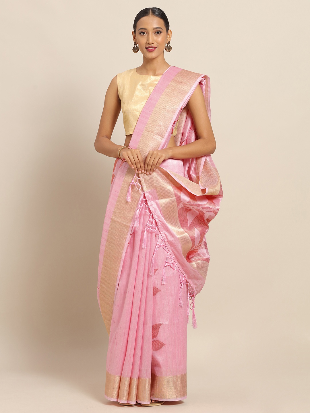 

Saree mall Pink & Gold-Toned Silk Blend Woven Design Banarasi Saree