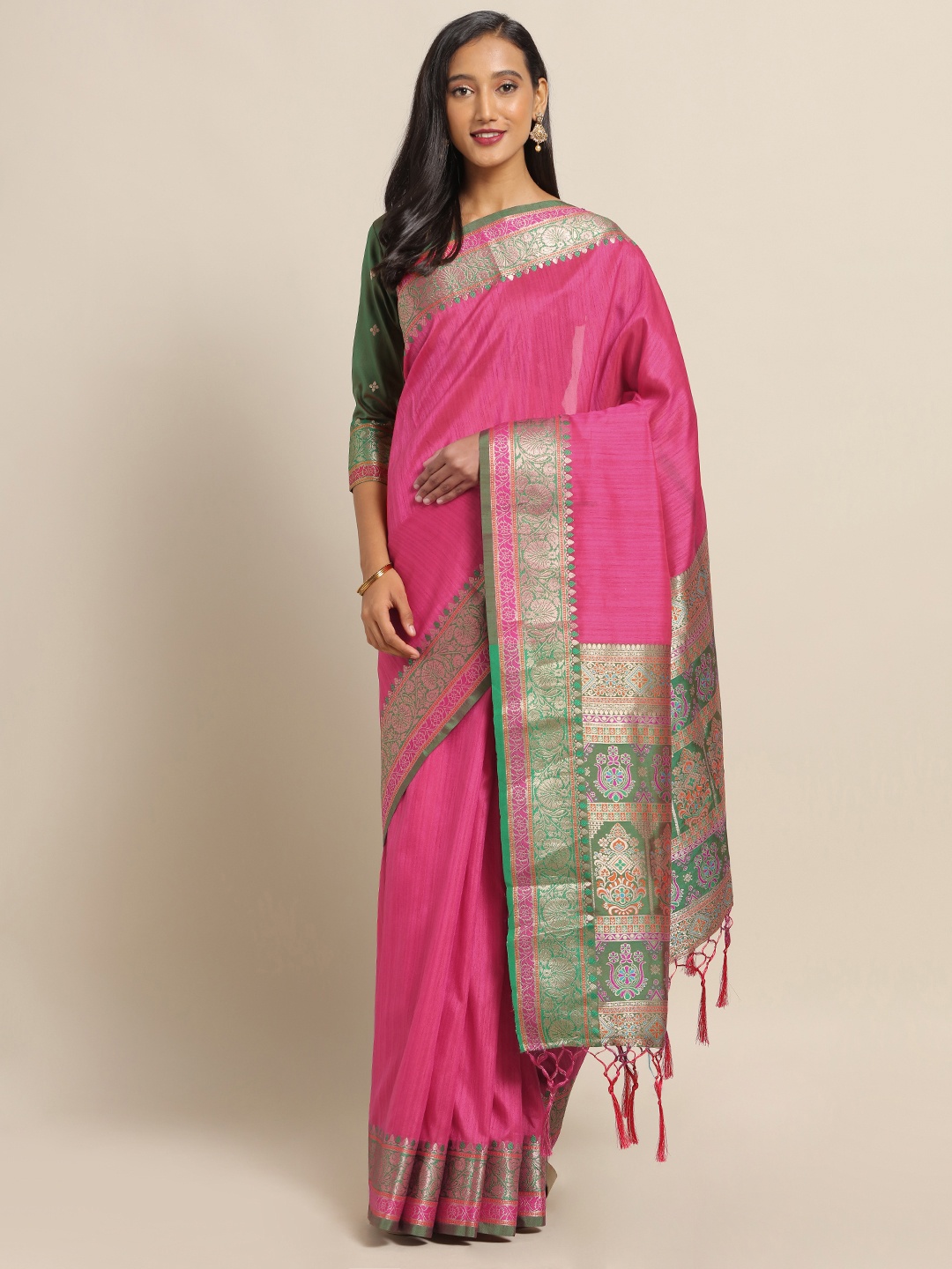 

Saree mall Pink Silk Blend Solid Banarasi Saree