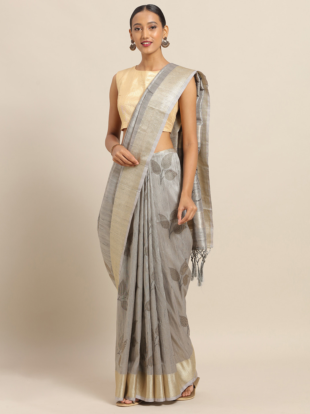 

Saree mall Grey & Gold-Toned Silk Blend Woven Design Banarasi Saree