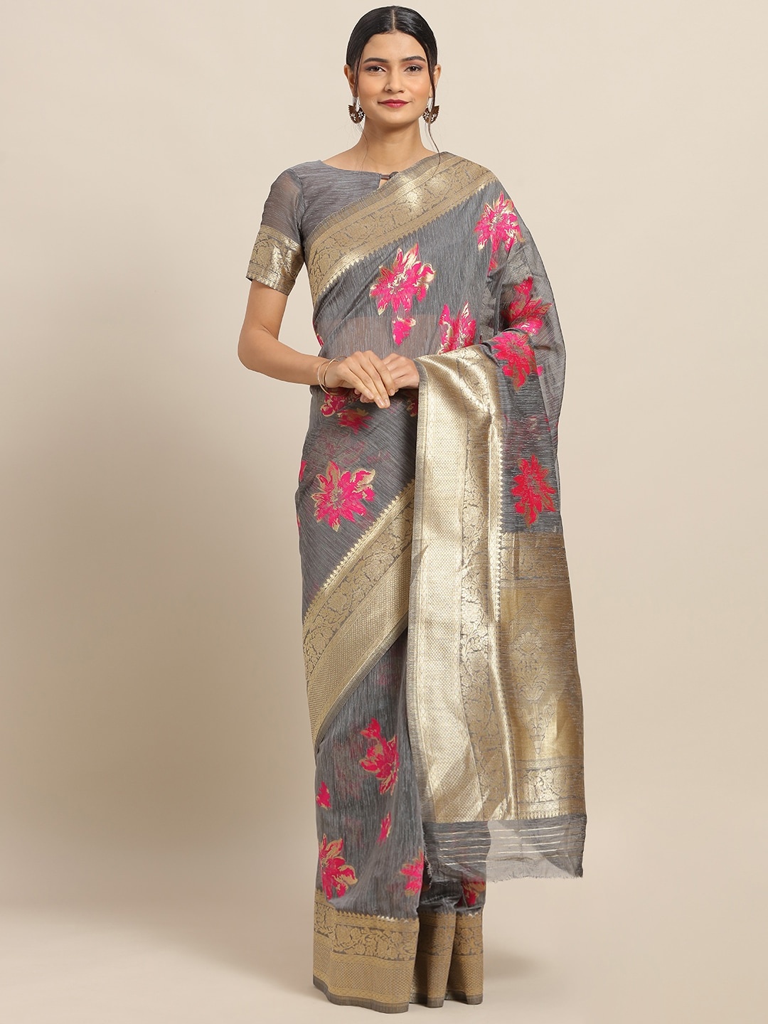 

Saree mall Grey & Pink Linen Blend Woven Design Saree
