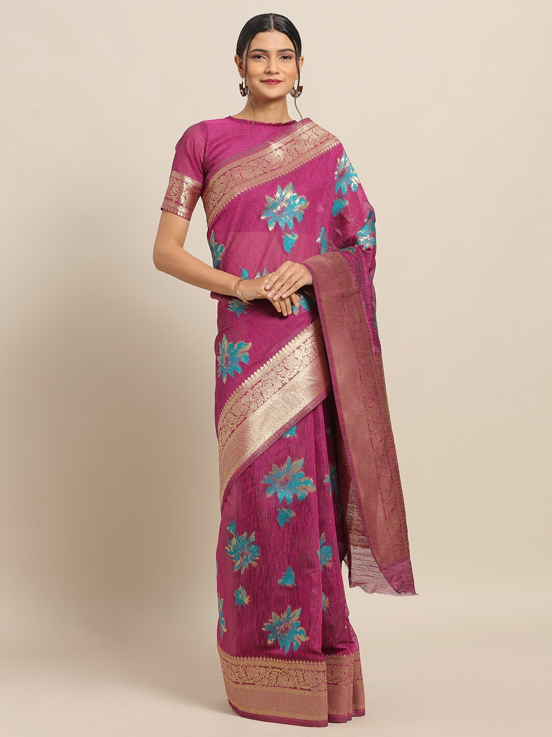 

Saree mall Magenta Pink & Turquoise Blue Linen Blend Woven Design Saree