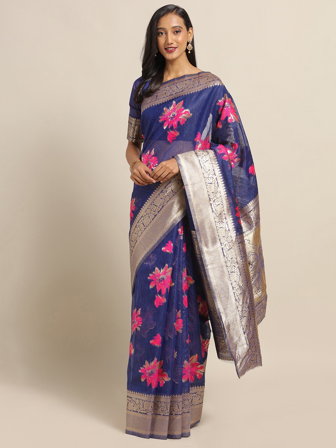 

Saree mall Navy Blue & Pink Linen Blend Printed Banarasi Saree