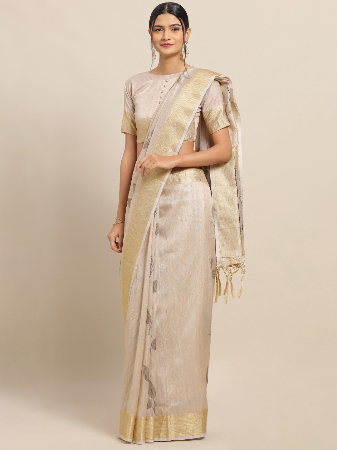 

Saree mall Beige & Gold-Toned Silk Blend Woven Design Banarasi Saree