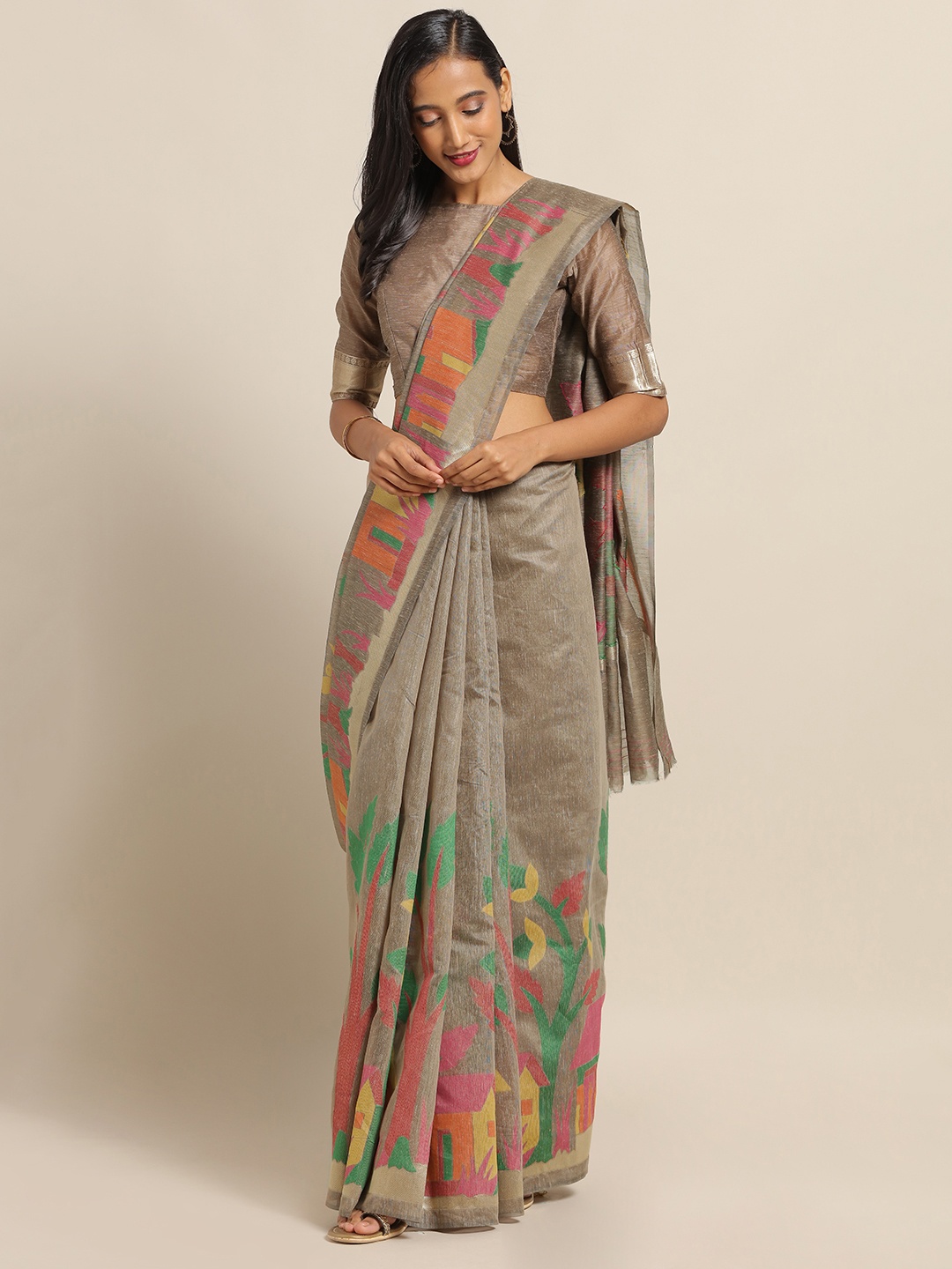

Saree mall Brown & Red Linen Blend Woven Design Saree