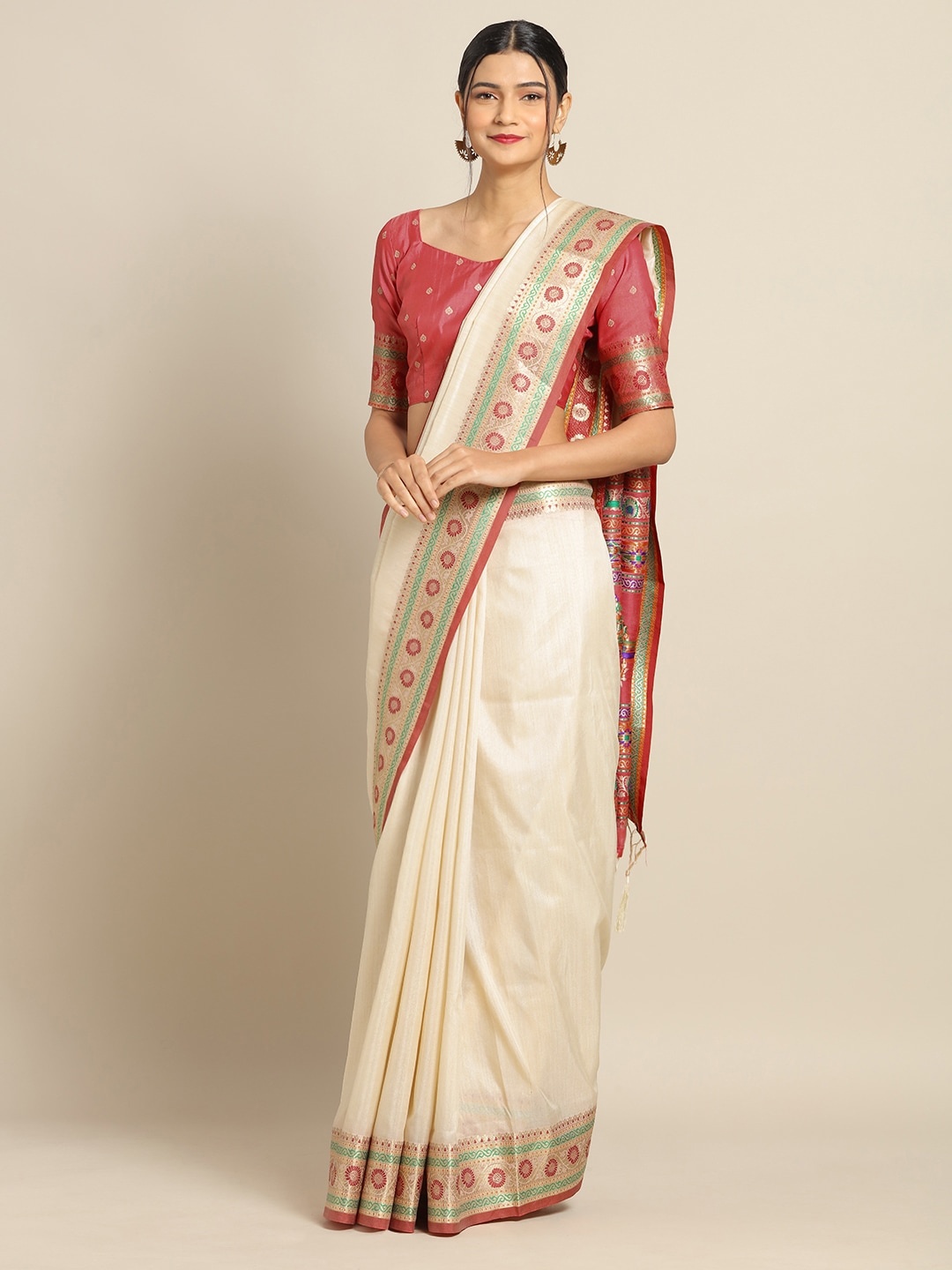 

Saree mall Cream-Coloured Silk Blend Solid Banarasi Saree