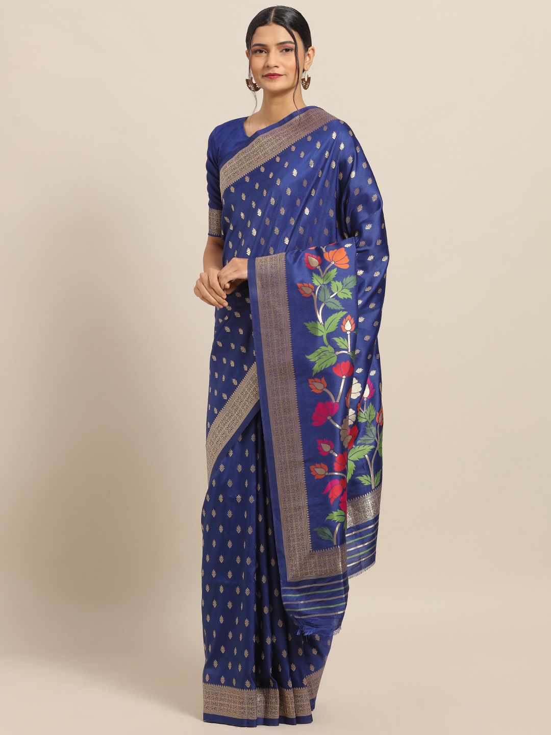 

Saree mall Navy Blue & Golden Silk Blend Woven Design Saree