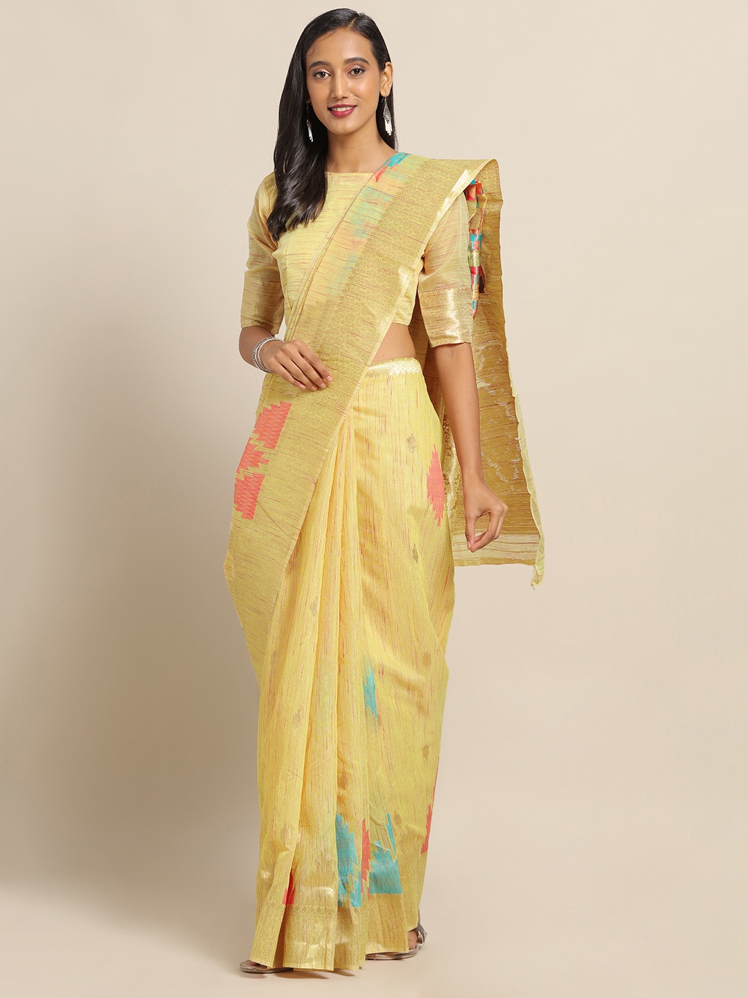 

Saree mall Yellow Woven Design Linen Blend Saree