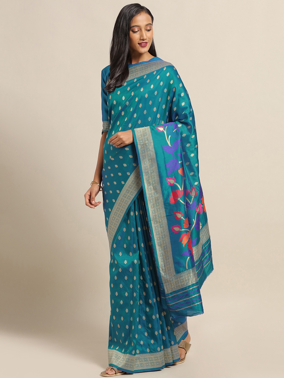 

Saree mall Teal Blue & Gold-Toned Silk Blend Woven Design Banarasi Saree