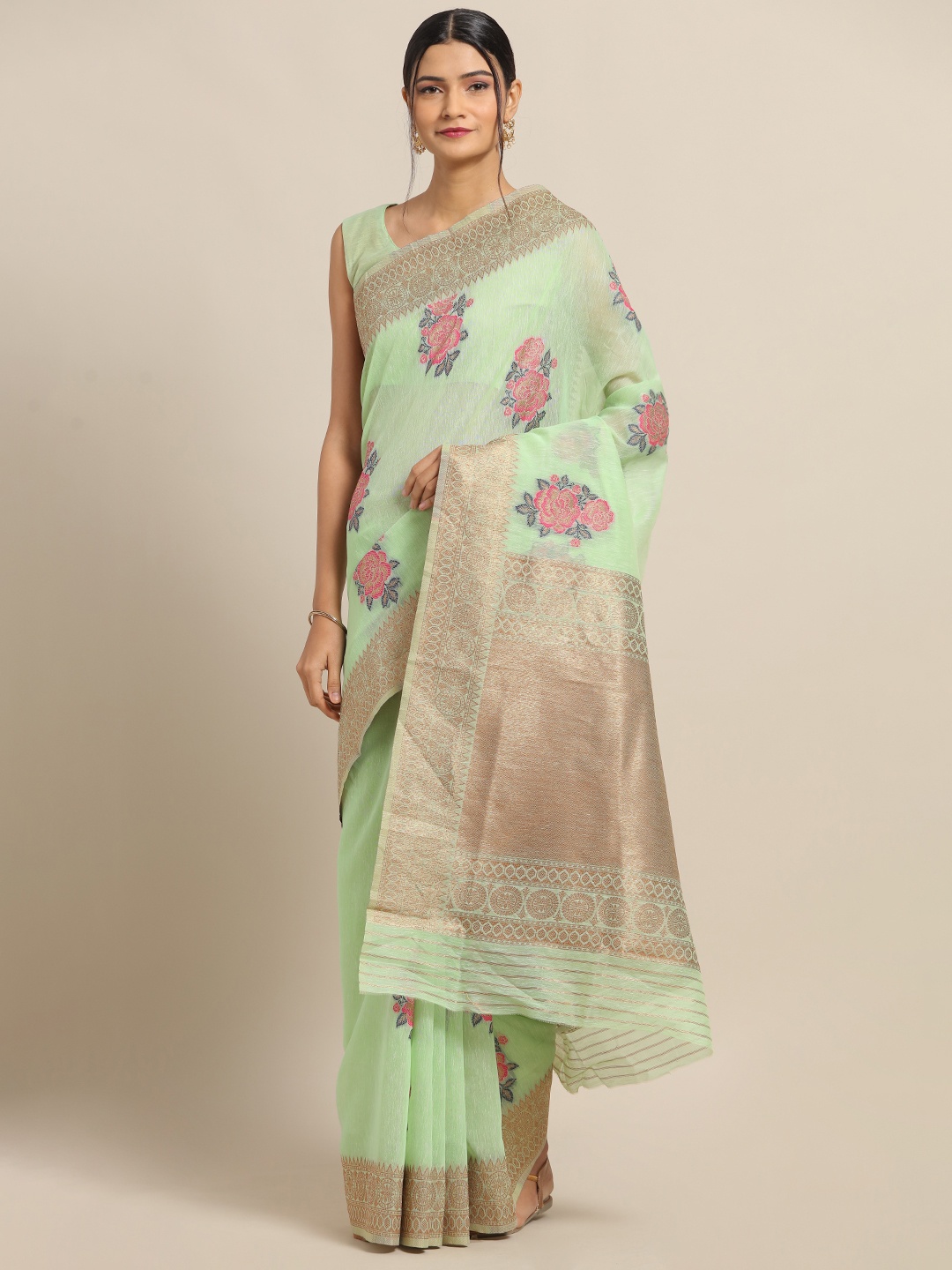 

Saree mall Green & Beige Linen Blend Woven Design Banarasi Saree