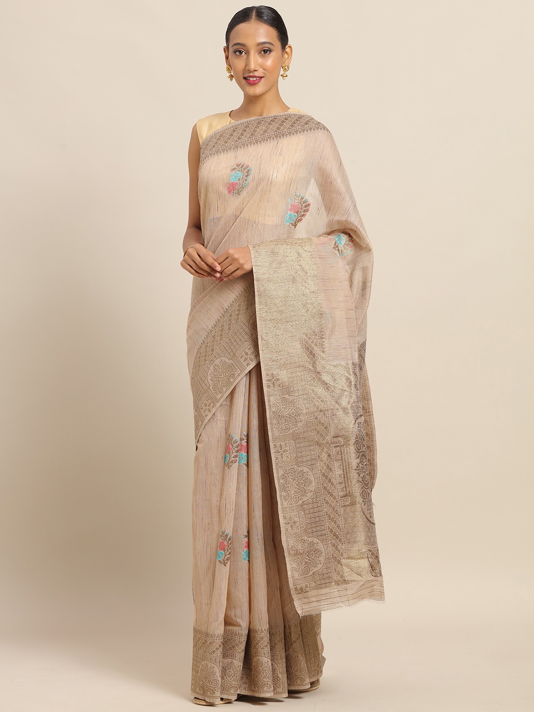 

Saree mall Brown & Blue Linen Blend Woven Design Banarasi Saree