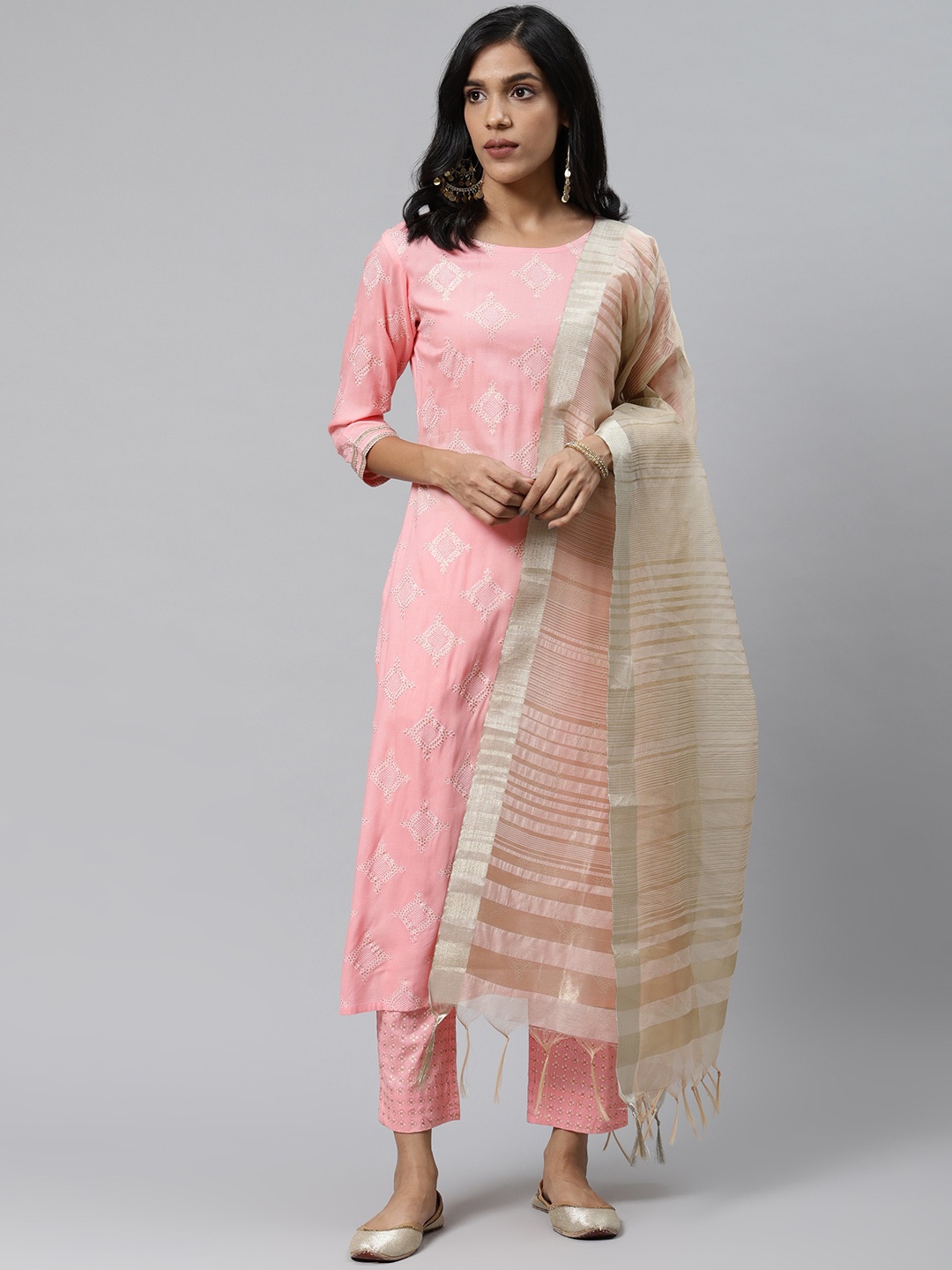 

Indo Era Ethnic Motifs Printed Gotta Patti Kurta with Trousers & With Dupatta, Peach