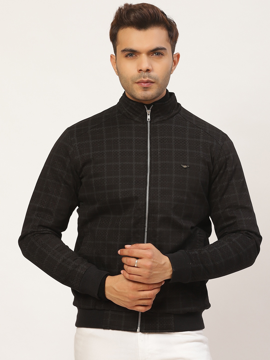 

Pierre Carlo Men Black Checked Bomber Jacket