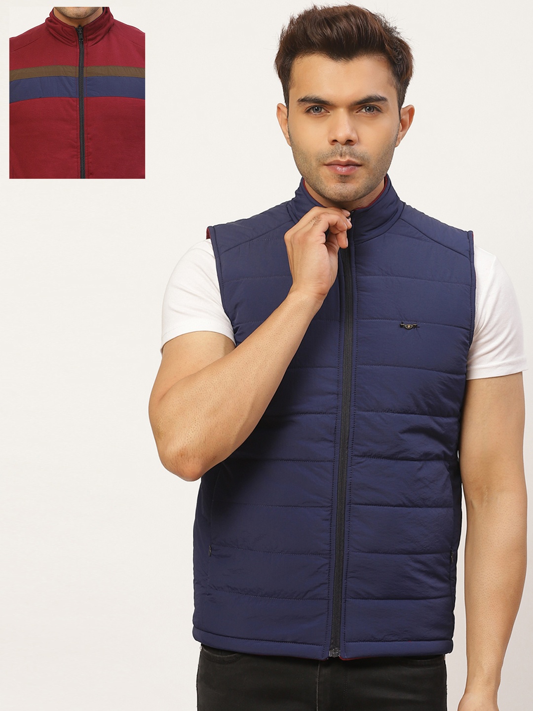 

Pierre Carlo Men Navy Blue & Maroon Solid Reversible Padded Jacket