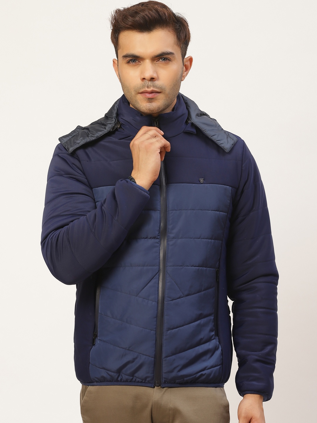 

Pierre Carlo Men Navy Blue Colourblocked Detachable Hood Padded Jacket