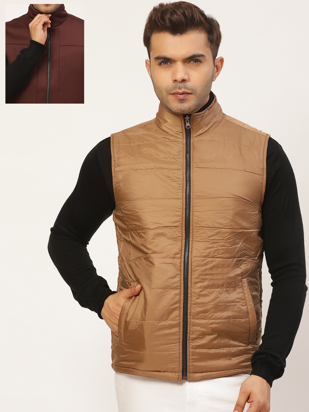 

Pierre Carlo Men Beige & Brown Solid Reversible Padded Jacket