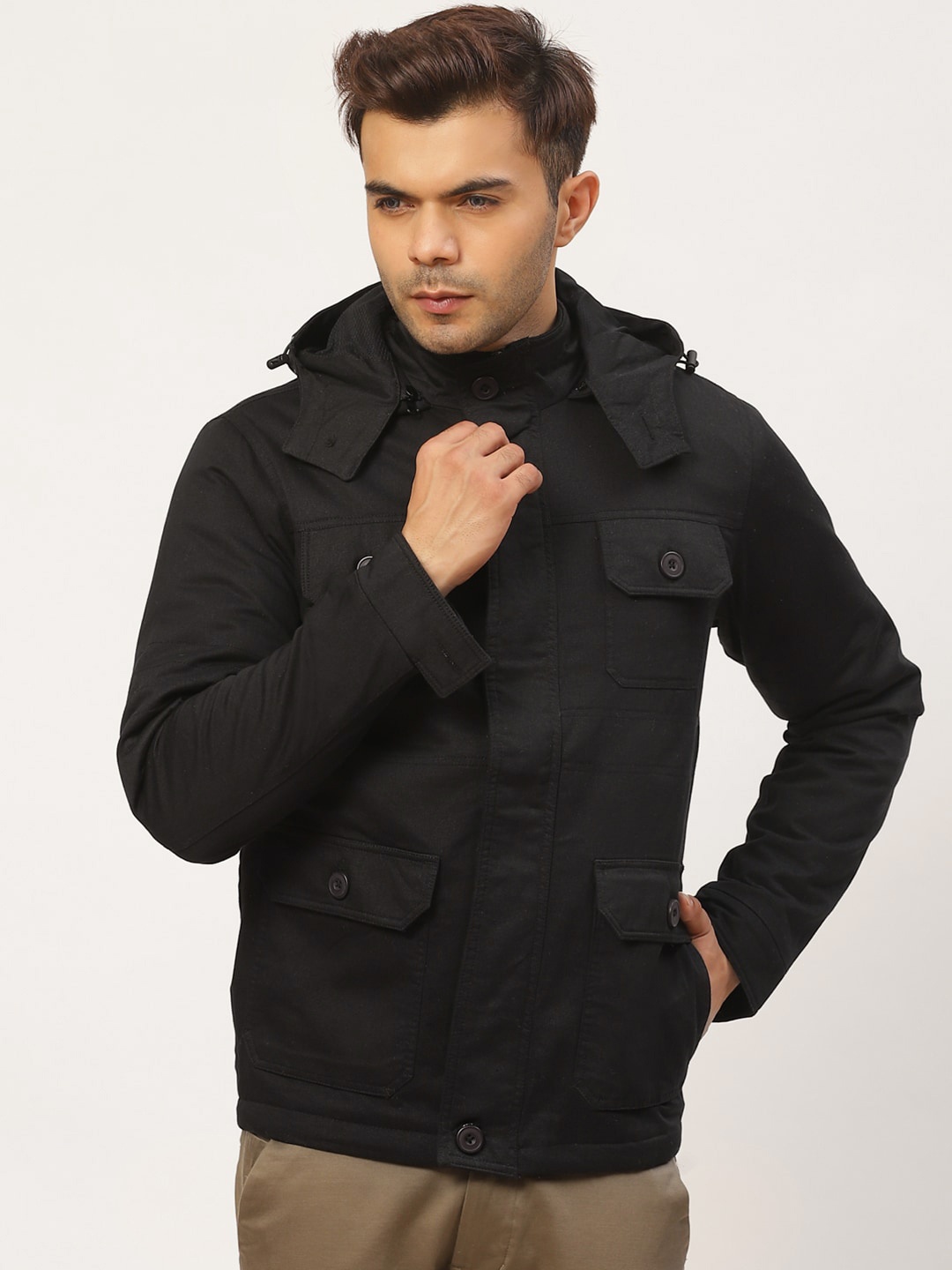 

Pierre Carlo Men Black Solid Tailored Jacket with Detachable Hood