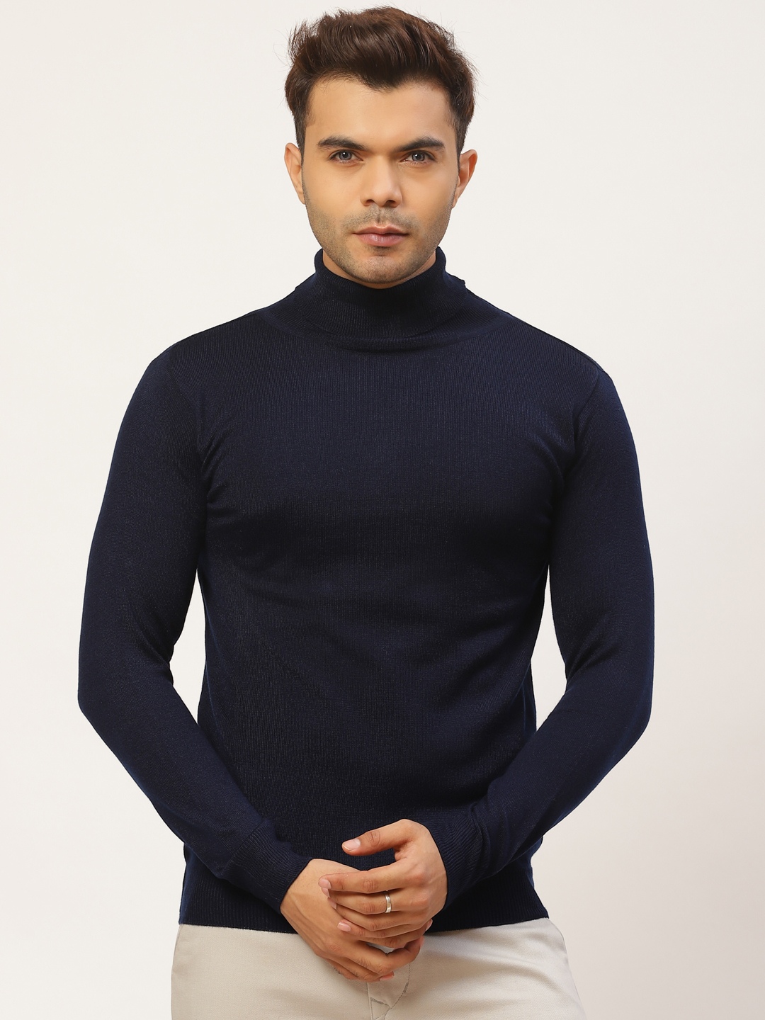 

Pierre Carlo Men Navy Blue Solid Turtle Neck Pullover Sweater