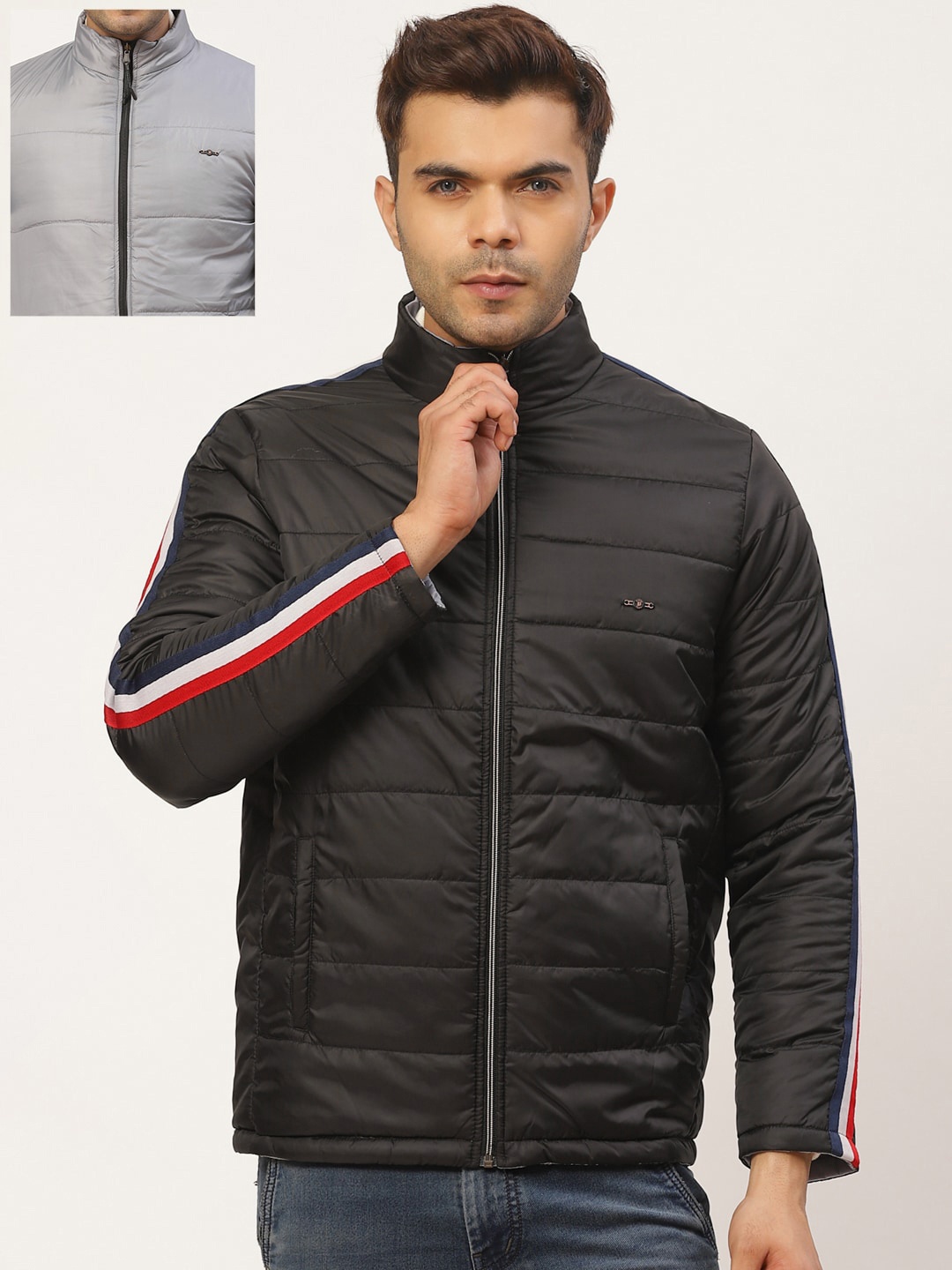 

Pierre Carlo Men Black & Grey Solid Reversible Padded Jacket