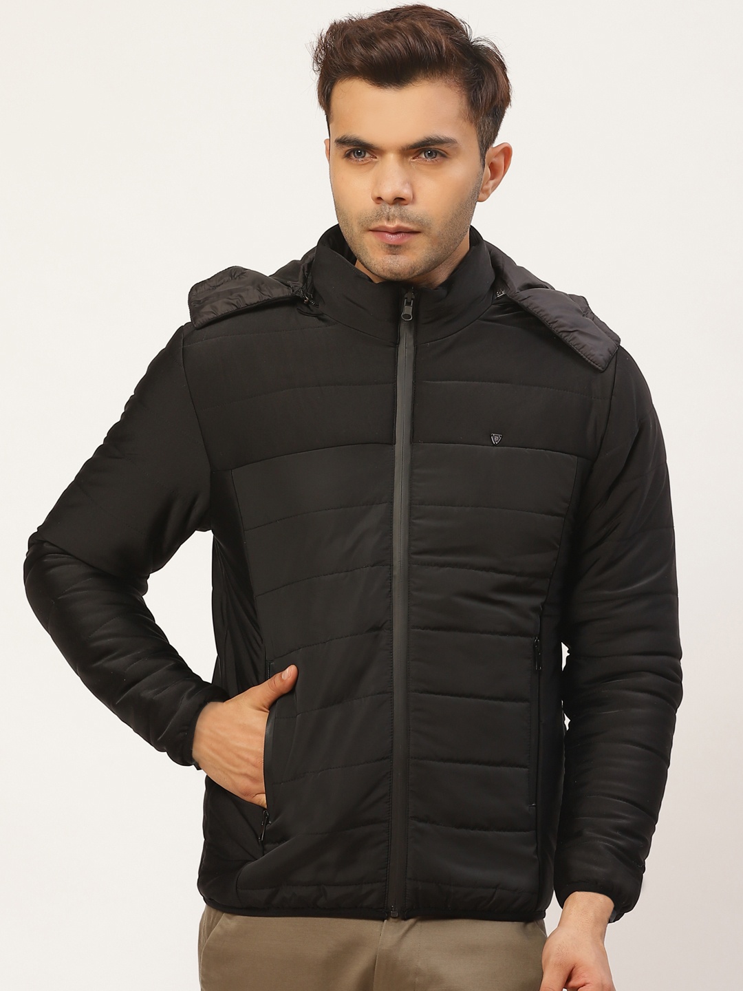 

Pierre Carlo Men Black Solid Detachable Hood Padded Jacket