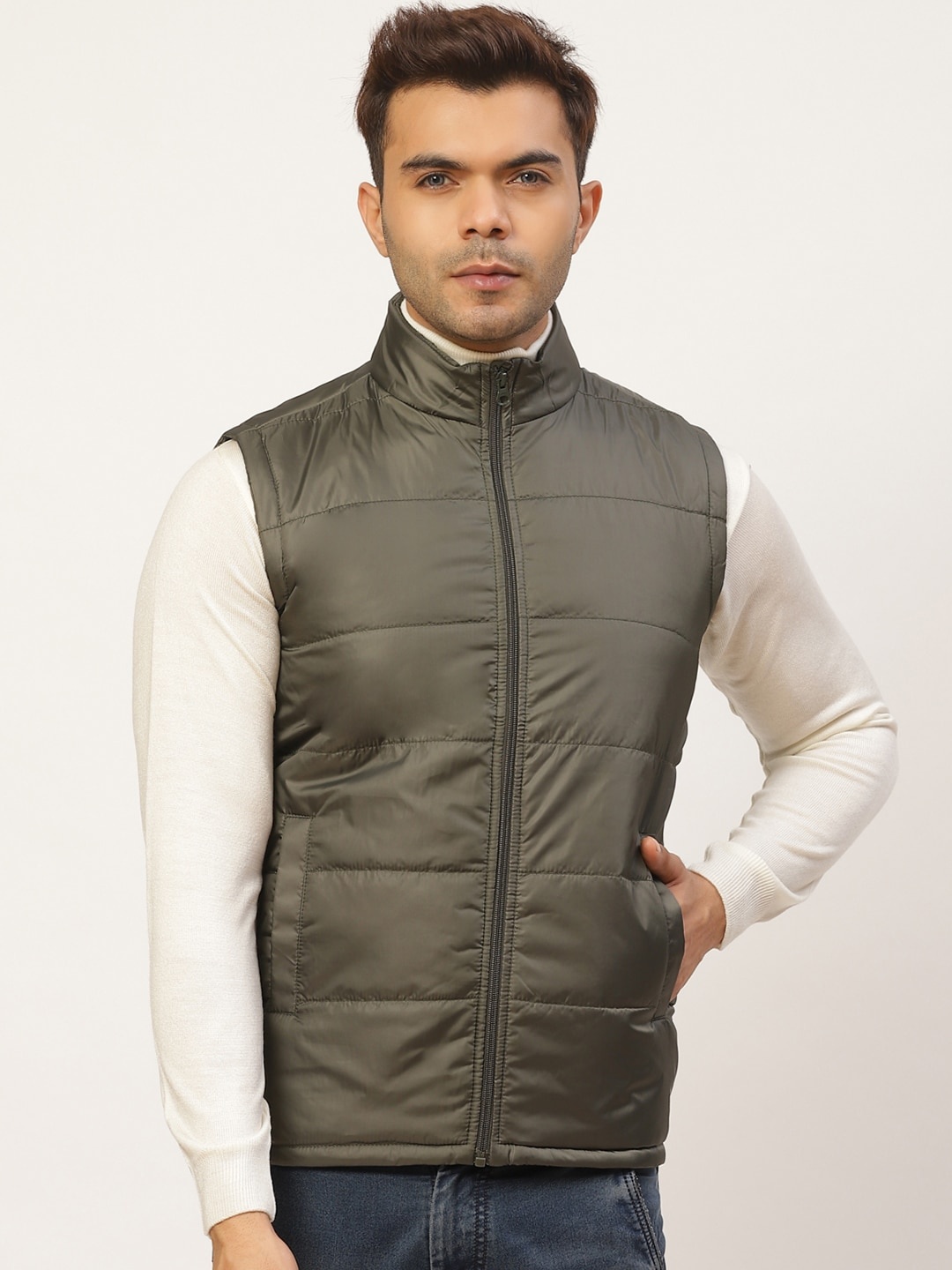 

Pierre Carlo Men Olive Green Solid Padded Jacket