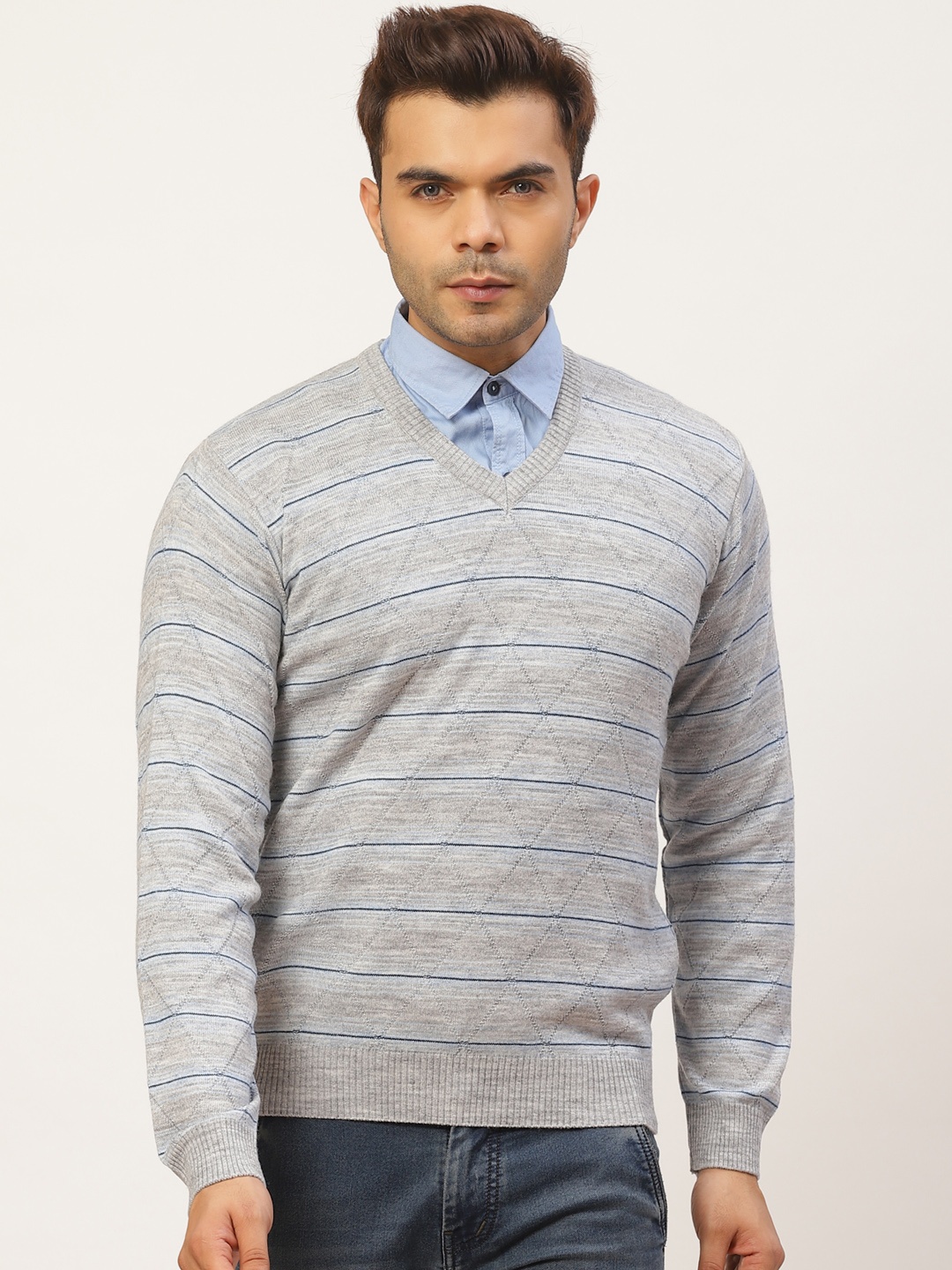 

Pierre Carlo Men Grey Melange & Blue Striped Pullover Sweater