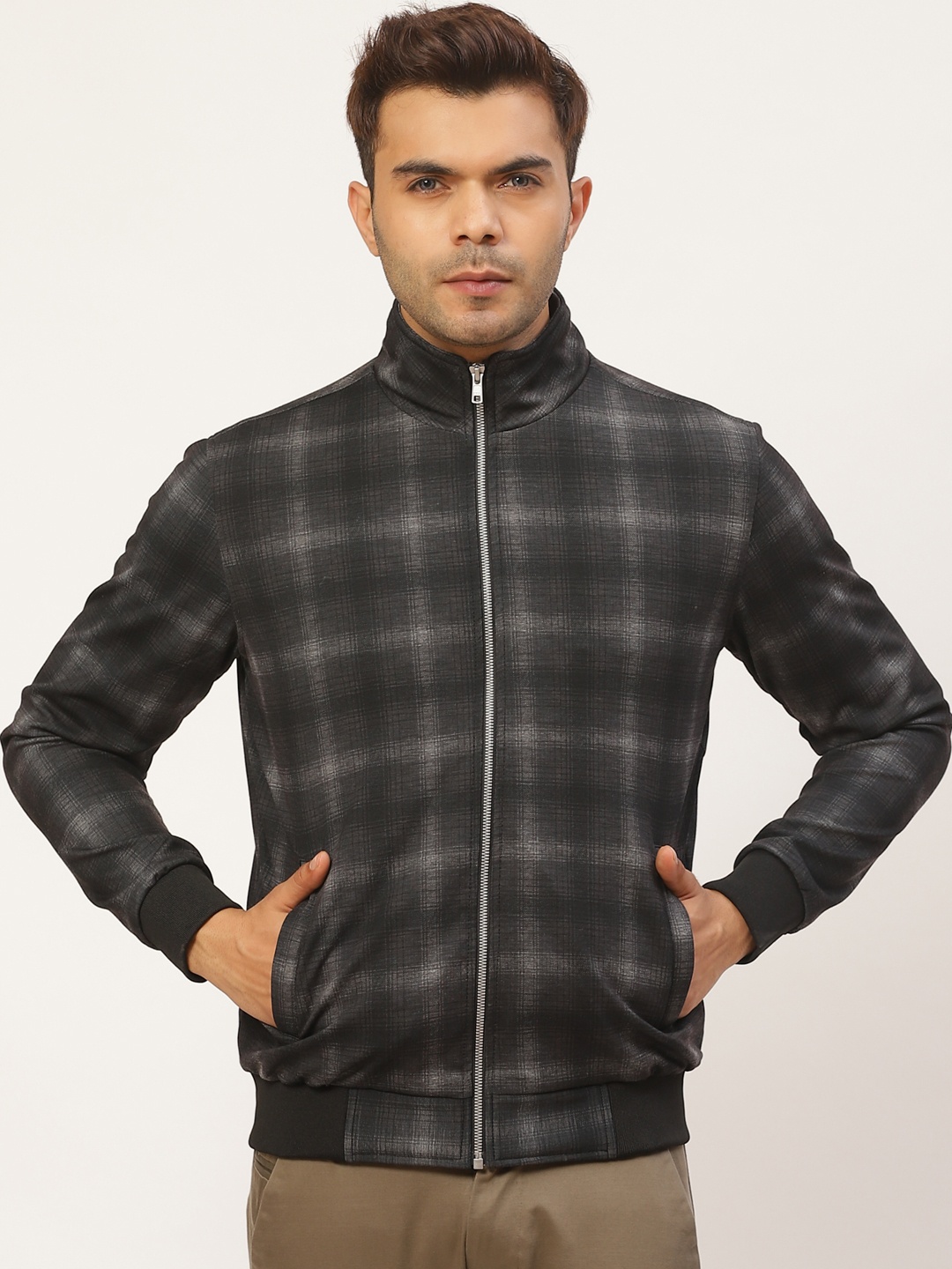 

Pierre Carlo Men Black & Off-White Checked Bomber Jacket