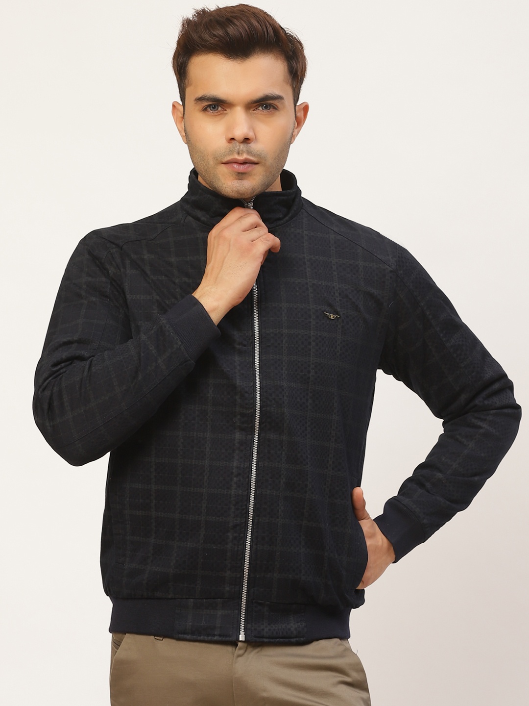 

Pierre Carlo Men Navy Blue & Grey Checked Bomber Jacket