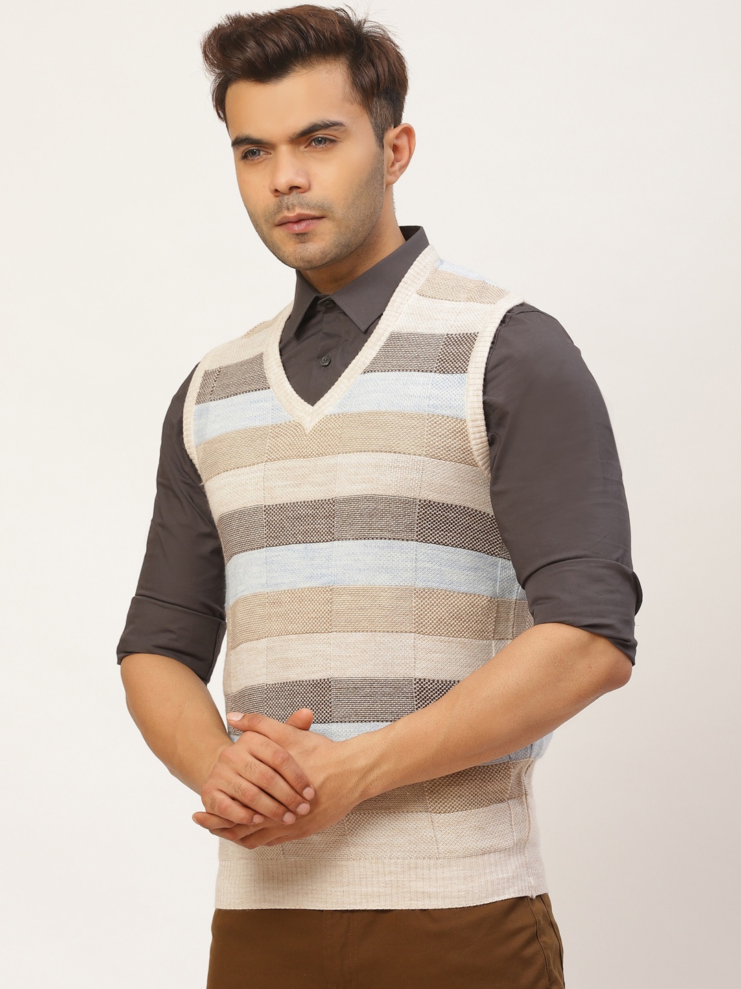 

Pierre Carlo Men Beige & Blue Striped Sweater Vest