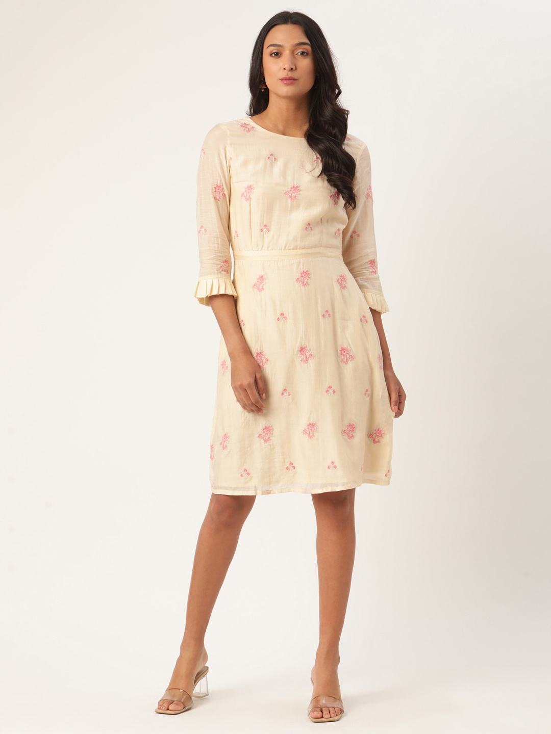 

ROOTED Women Off-White Embroidered Fit and Flare Dress