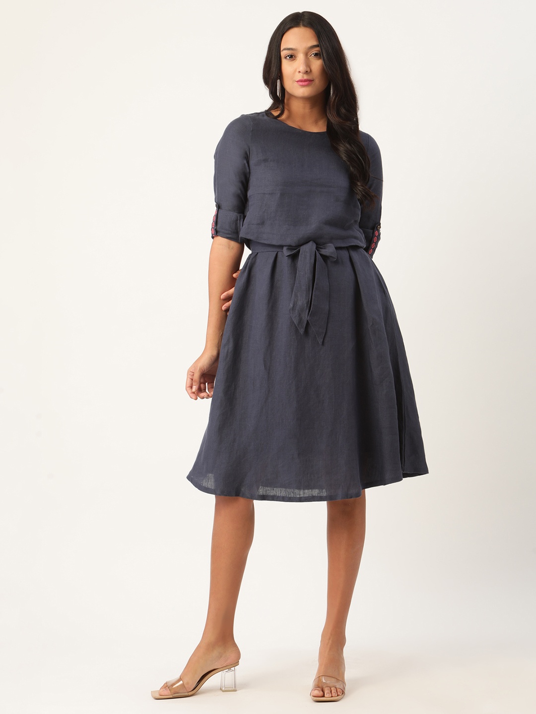 

ROOTED Women Navy Blue Solid Fit and Flare Dress