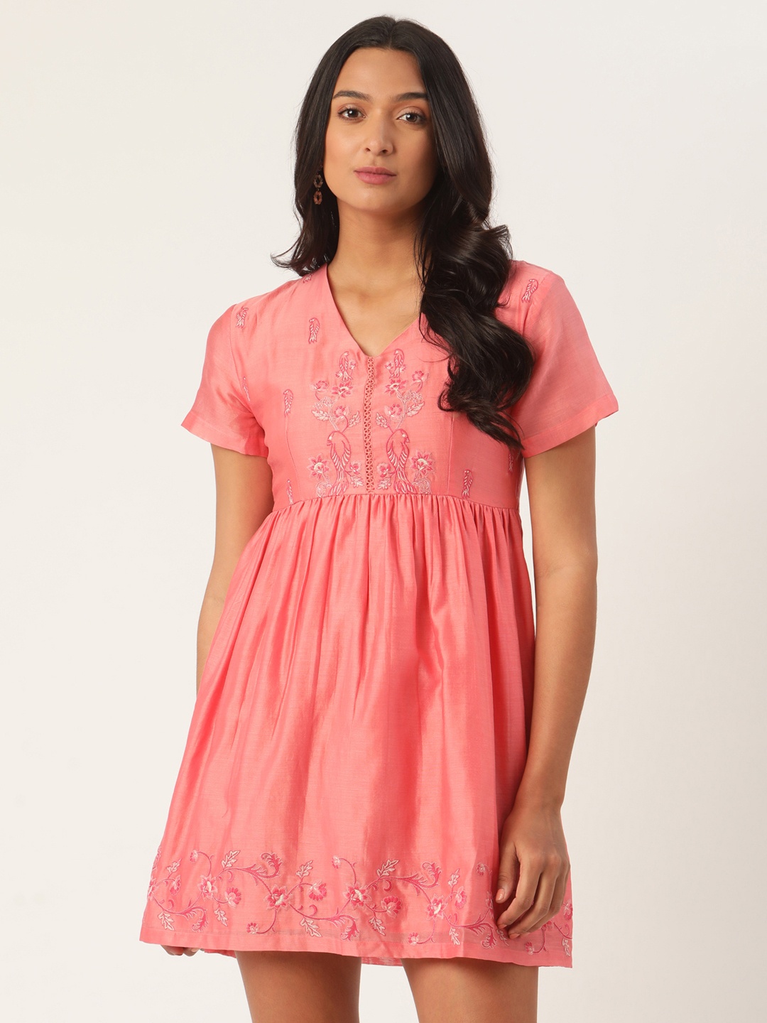 

ROOTED Women Peach-Coloured Embroidered Fit and Flare Dress