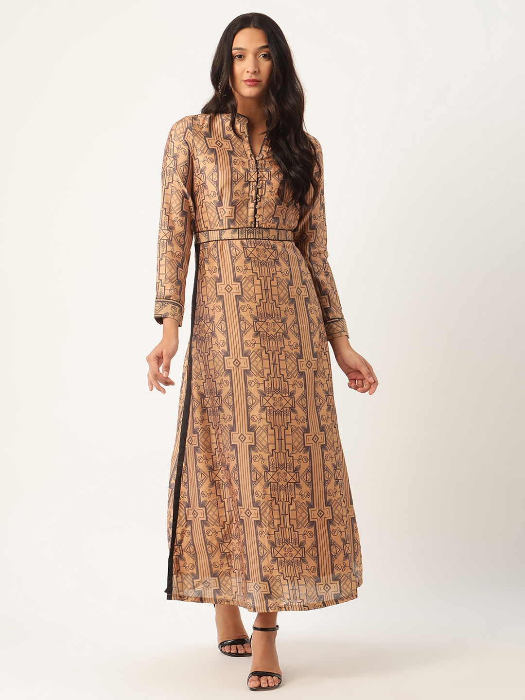 

ROOTED Women Beige Printed Maxi Dress