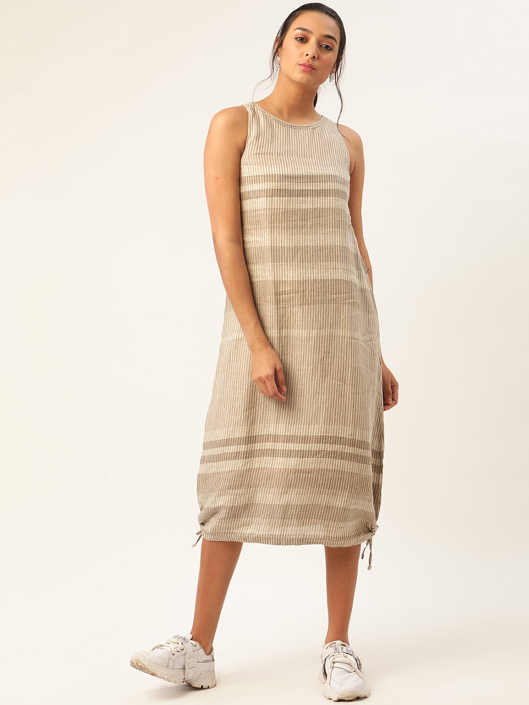 

ROOTED Women Beige Striped A-Line Dress