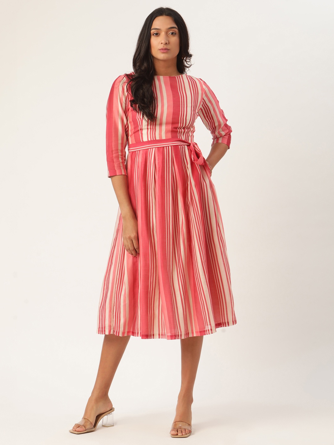 

ROOTED Women Off-White Striped A-Line Dress
