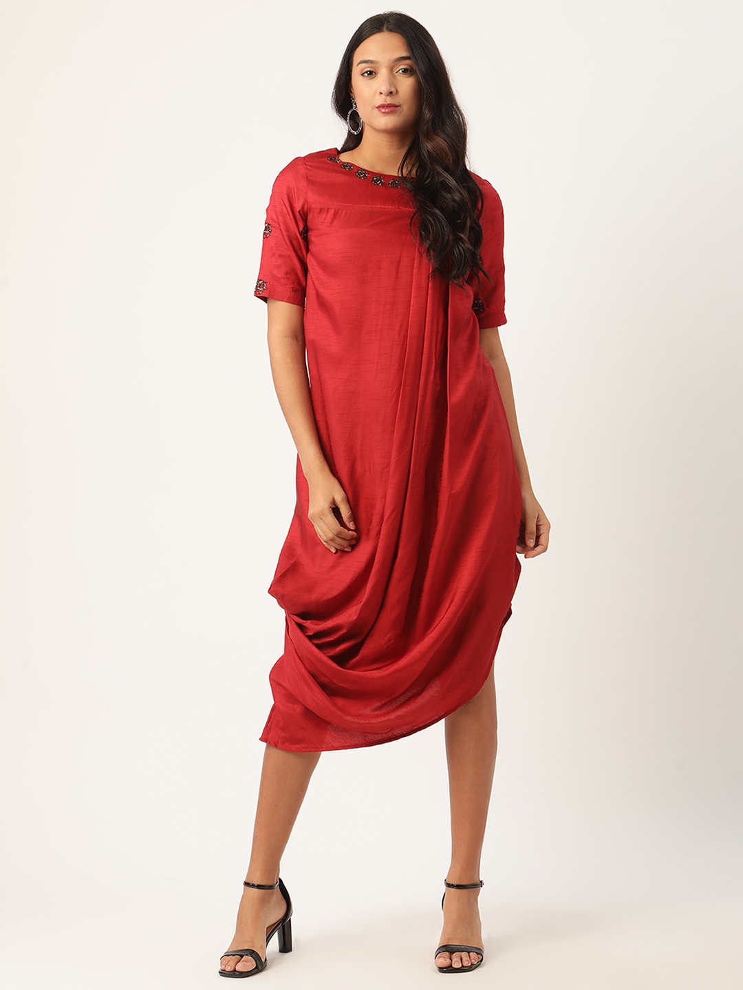 

ROOTED Women Maroon Solid A-Line Dress