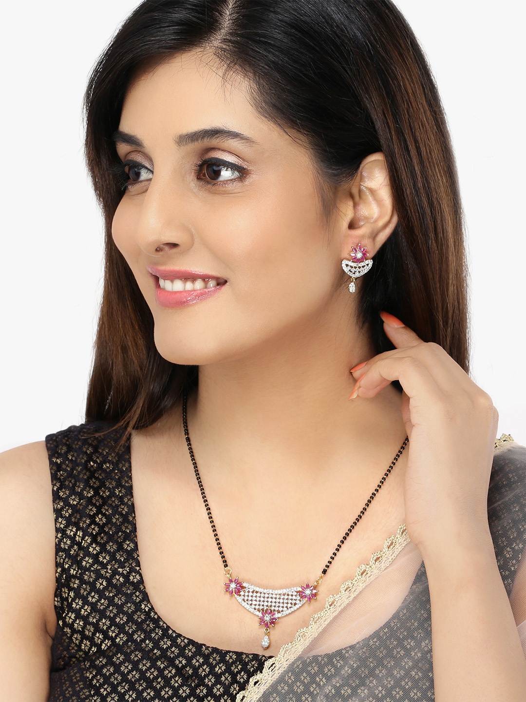 

Yellow Chimes Gold-Plated Black & White Beaded AD-Studded Mangalsutra & Earrings Set