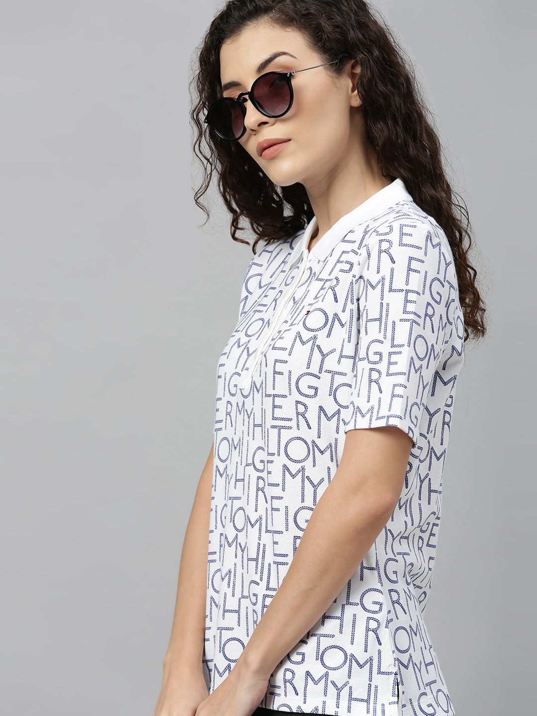

Tommy Hilfiger Women White & Blue Printed Polo Collar T-shirt