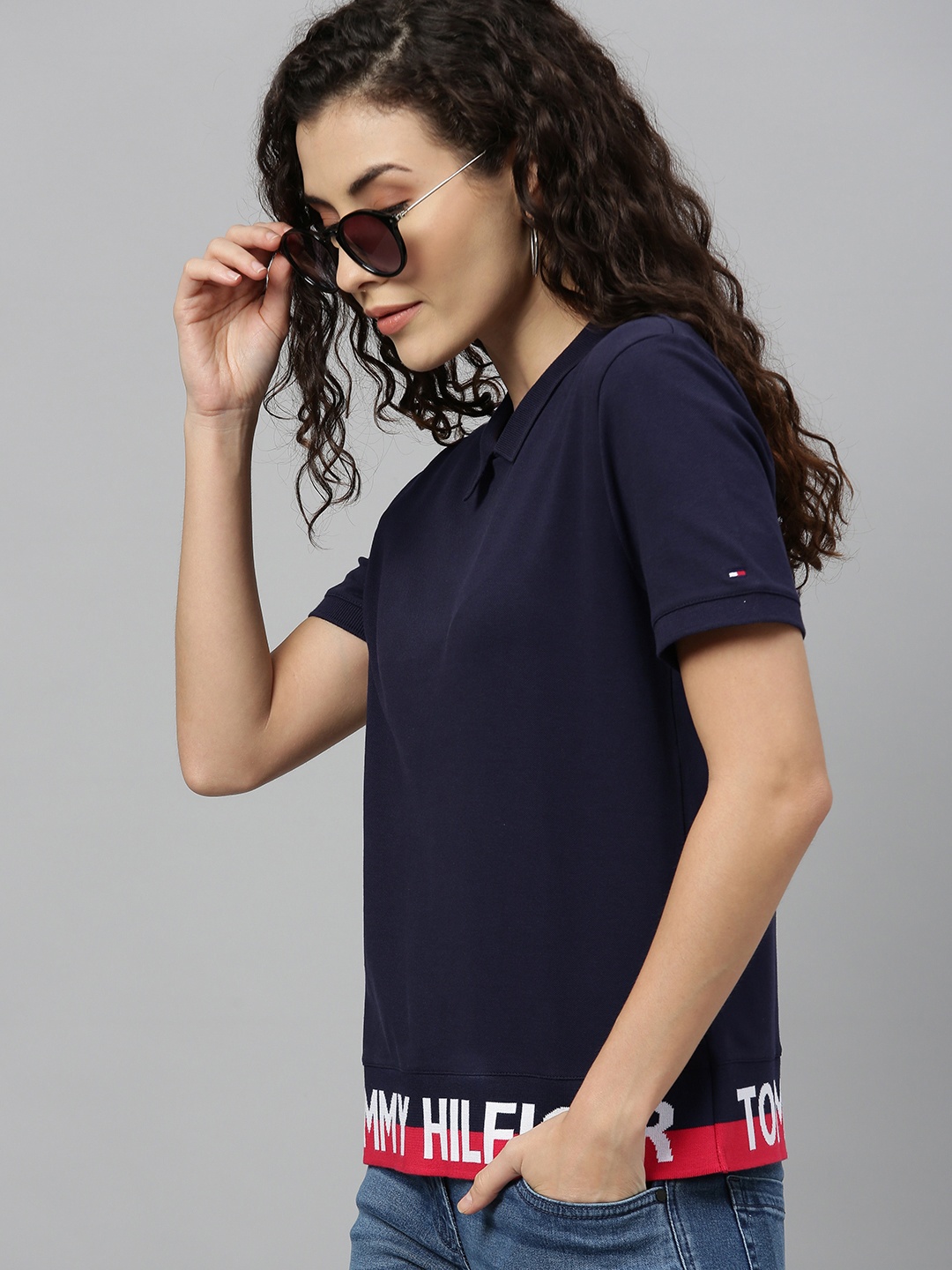 

Tommy Hilfiger Women Navy Blue Solid Polo Collar T-shirt with Printed Detail