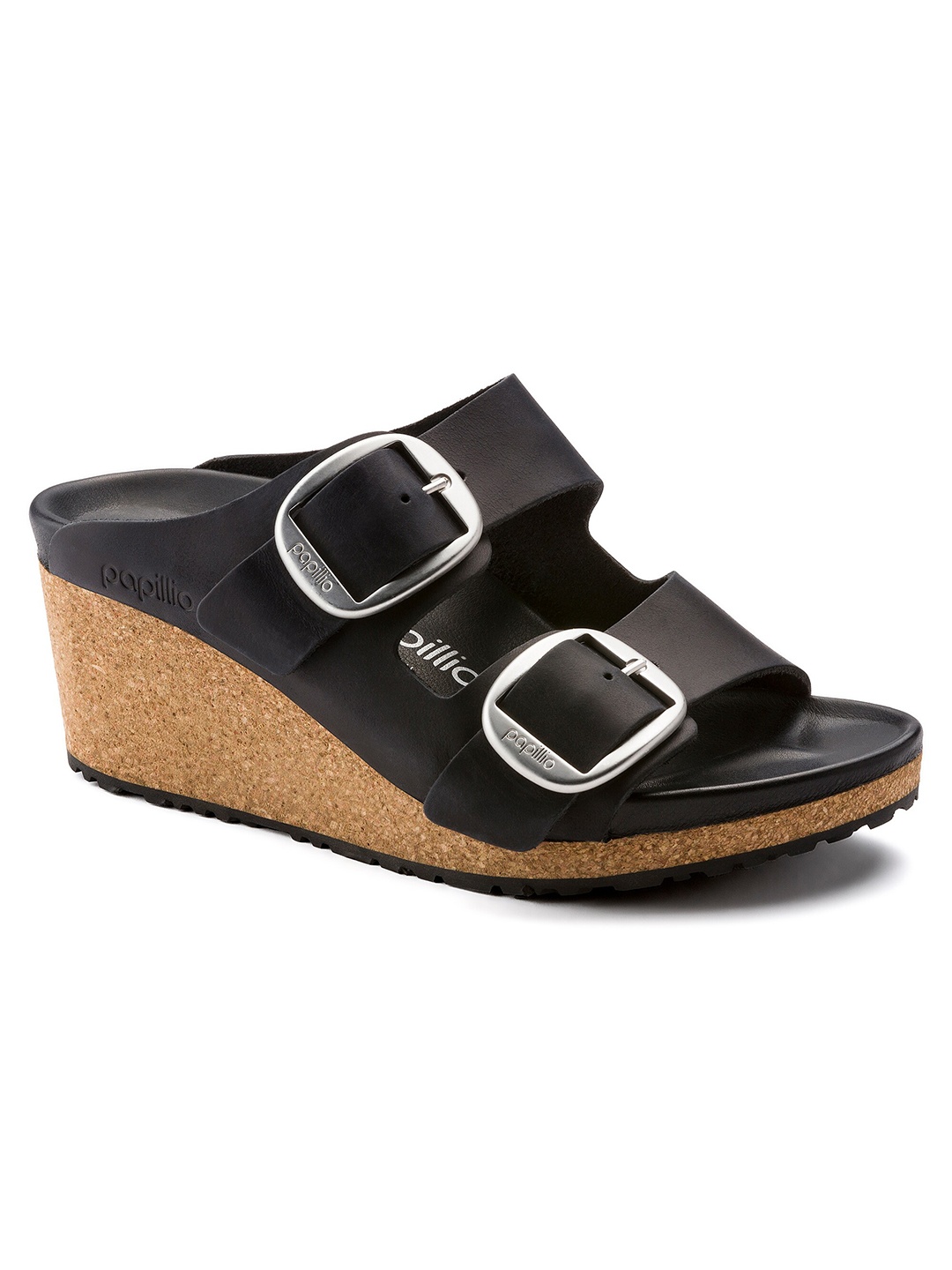 

Birkenstock Women Black Leather Nora Big Buckle Narrow Width Wedges