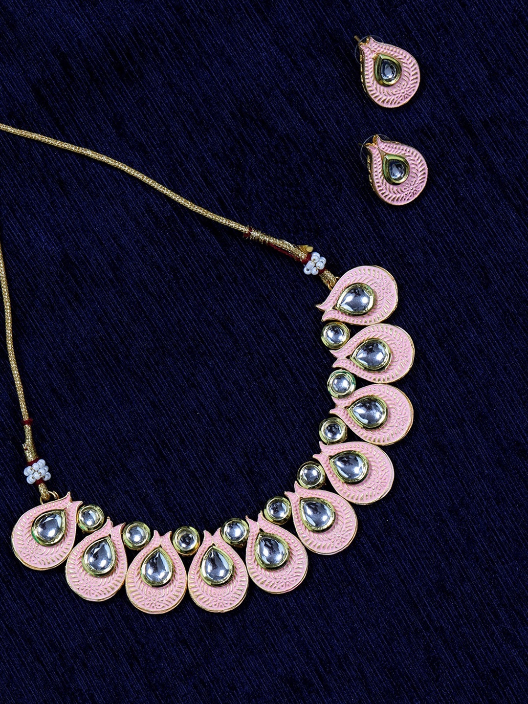 

Priyaasi Gold-Plated & Pink Kundan-Studded & Paisley Enamelled Handcrafted Jewellery Set