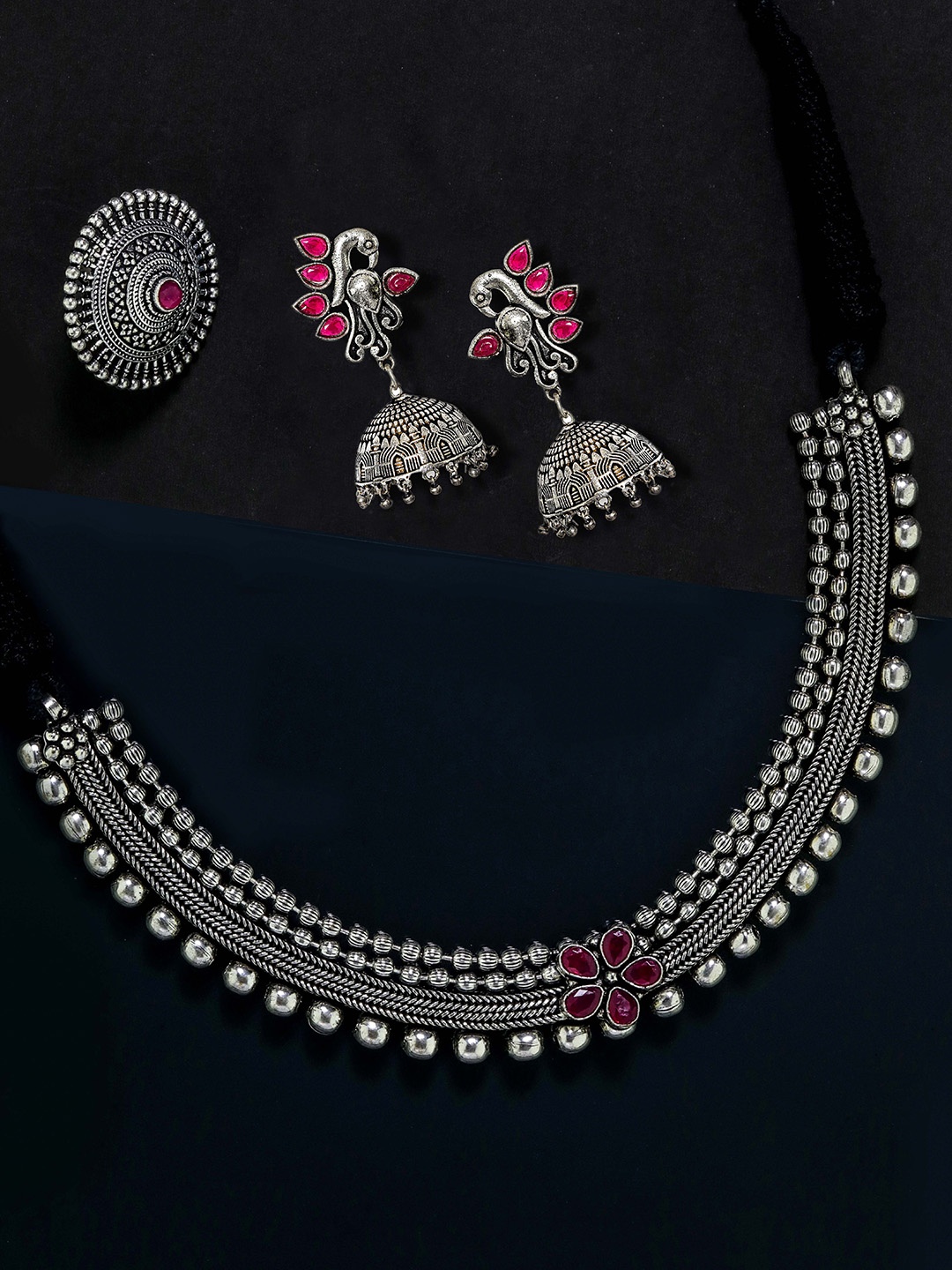 

Priyaasi Oxidised German Silver Pink Ruby-Studded Jewellery Set