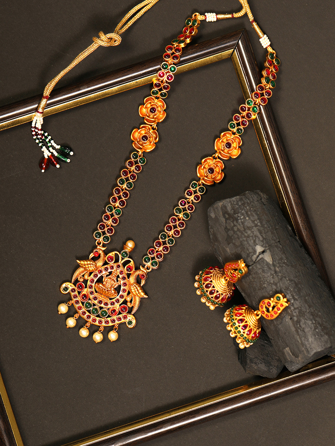 

Priyaasi Gold-Plated Red & Green Ruby & Emerald-Studded Pearl Temple Jewellery Set