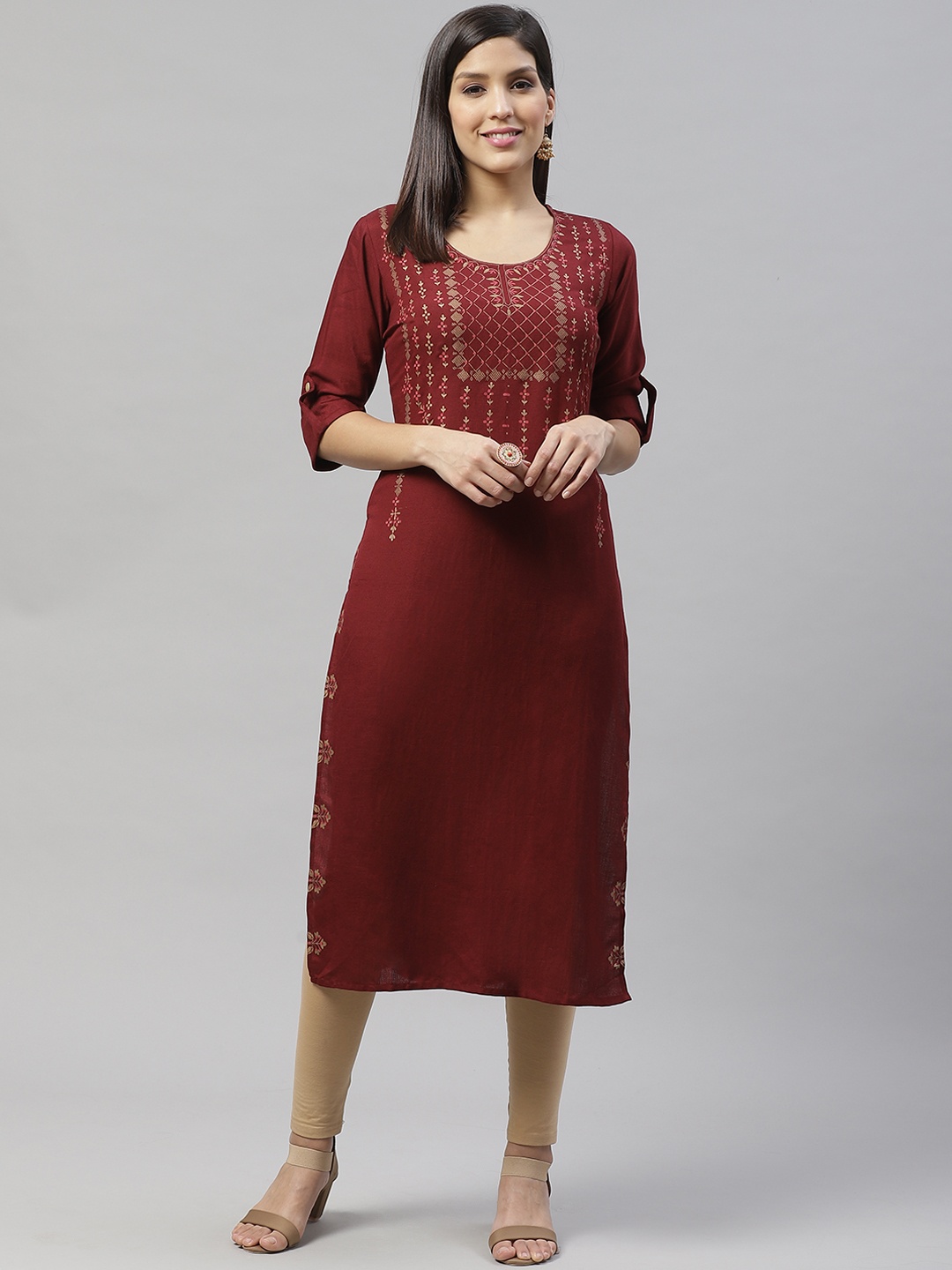 

SILVER STOCK Women Maroon & Golden Yoke Design Straight Kurta with Block Print