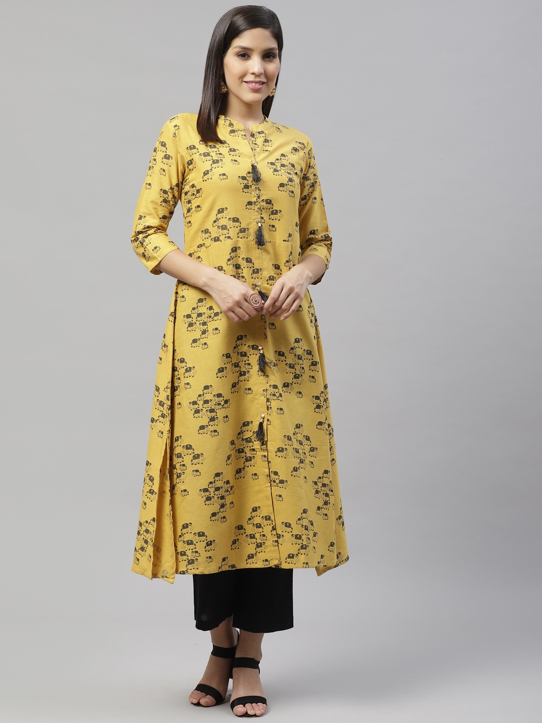 

SILVER STOCK Women Mustard Yellow & Charcoal Grey Quirky Print A-Line Handloom Kurta