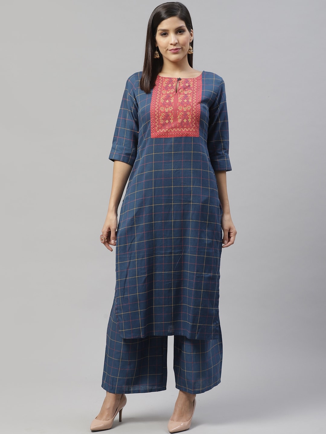 

SILVER STOCK Women Teal Blue & Rust Orange Checked Straight Kurta